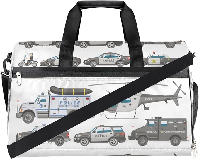 Police Car Dry Wet Depart Duffle Overnight Bag with Shoes Compartment & Wet Pockets, Policeman Motorbike Water Resistant Weekender Travel Gym Pouch For Swim Gymnastics Ballet Sleepovers