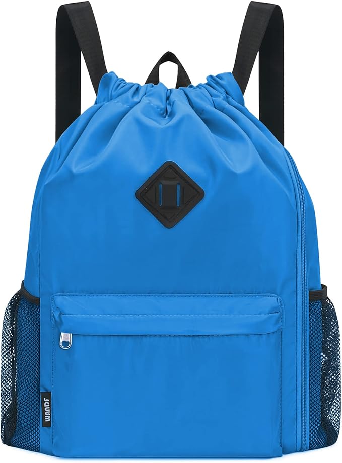 WANDF Drawstring Backpack Sports Gym Bag with Shoes Compartment, Water-Resistant String Backpack Cinch for Women Men(Large,Dark blue)