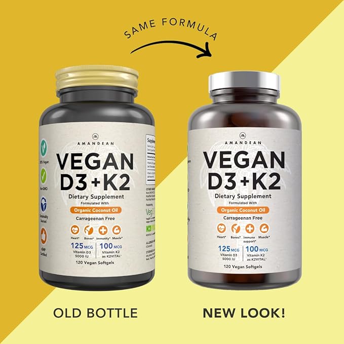AMANDEAN Vegan Vitamin D3 K2. 5000 iu from Algae. All-Trans MK-7. 120 Softgels. Plant-Based & Carrageenan Free. Organic Coconut Oil Blend. for Mood, Bones, Heart, Immune Health (Packaging May Vary)