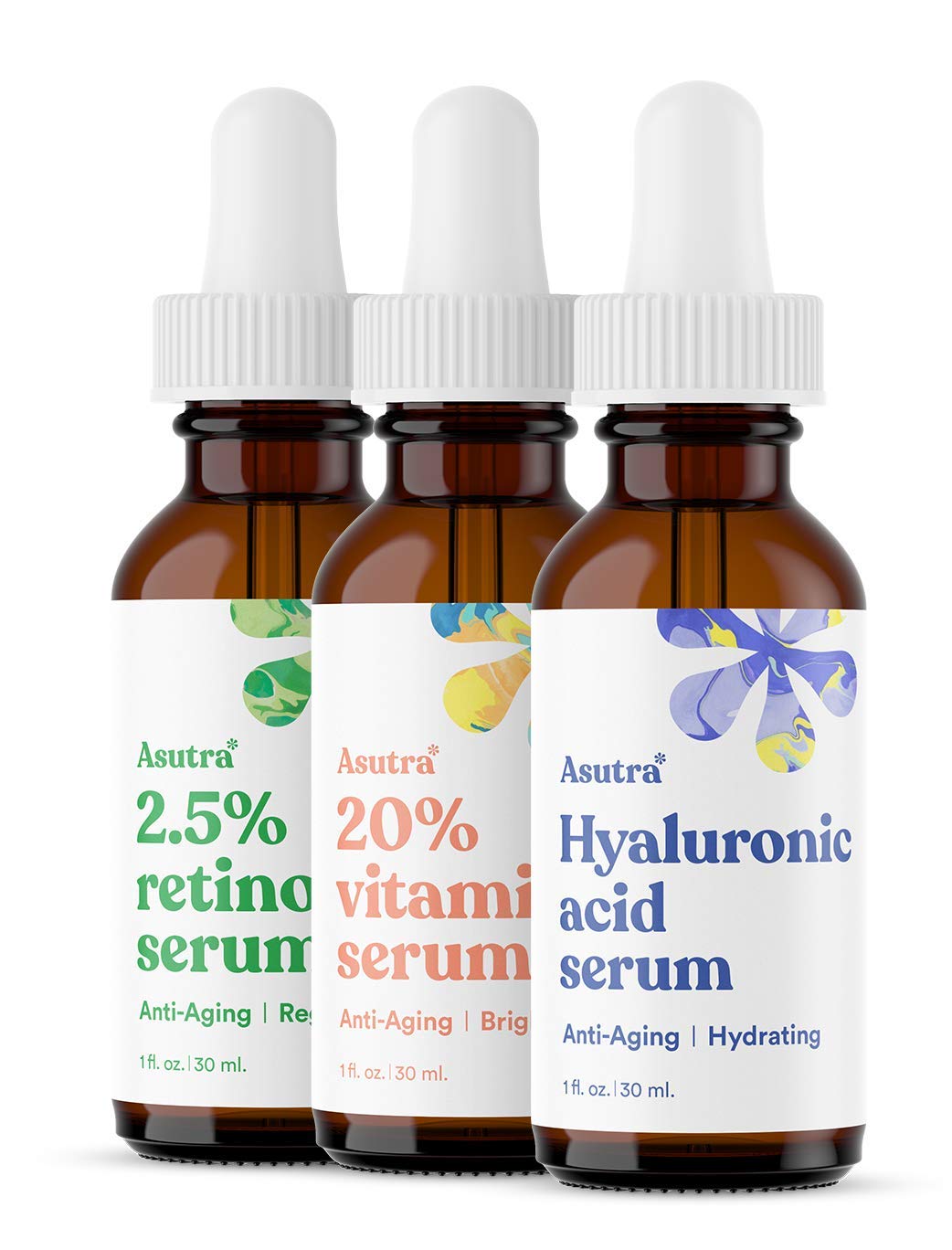 Asutra Serum Variety Pack, 3 Products - 1 Fl Oz 2.5% Retinol Face Serum, 1 Lf Oz 20% Vitamin C Face Serum, 1 Fl Oz Hyaluronic Ac