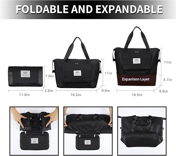 Expandable Travel Duffel Tote Bag - Foldable Overnight Weekender, Carry-On, Swim & Gym Bag - Fits Spirit Airlines Personal Item Size - Lightweight, Waterproof & Durable with Trolley Sleeve,Black