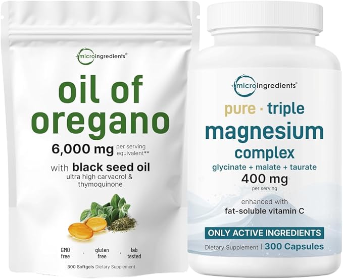 Micro Ingredients Oil of Oregano 6,000mg Softgels & Pure Triple Magnesium Complex 400mg Capsules | 2 Pack Bundle | 4X Strength Thymoquinone with Black Seed | Glycinate, Malate, & Taurate Forms