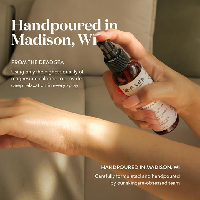 Bare Botanics Unscented 4oz Pure Magnesium Oil Spray from The Dead Sea | Rapidly Absorbing | Handpoured in Madison, WI | Supports Sleep & Soothes Sore Muscles