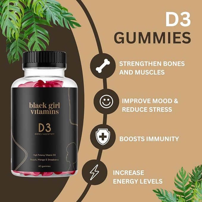 Black Girl Vitamins - Vitamin D3 Gummies, for Immune, Energy, and Bone Support, 2000IU (50mcg) Vitamin D per Serving, Gluten-Free Vitamin D Gummies (Multi-Flavored), 60ct