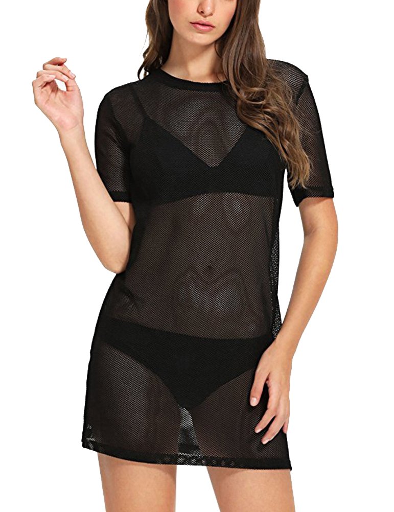 WuLun® Women's Sexy Cover Ups Short Sleeve See Through Gauze Mesh T-Shirt Dress (Medium, Black02)