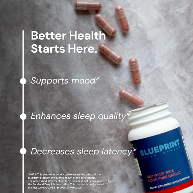 Blueprint Bryan Johnson Red Yeast Rice and Odor Free Garlic Supplement - Herbal Dietary Supplement for Women and Men - Vegan - (30 Servings)