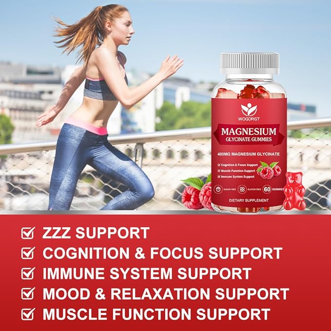 Magnesium Glycinate Gummies - 400mg Magnesium Glycinate Gummies with Vitamin D, B6, and CoQ10, Magnesium Supplement for Relaxation and Cognition, Sugar Free - 60 Raspberry Gummies (2 Pack)
