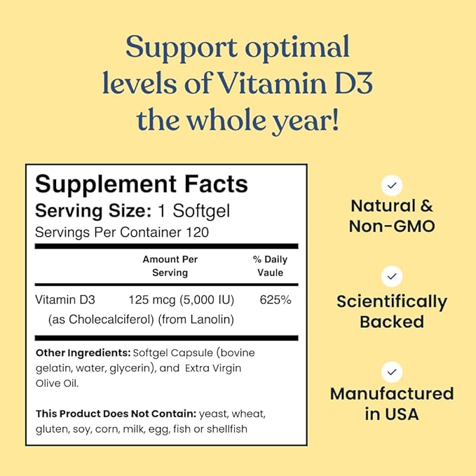 Better Way Health™ - High Potency Vitamin D3 Supplement - Immune & Bone Health Support - Non-GMO & Dairy-Free - 5,000 IU/120 Softgels