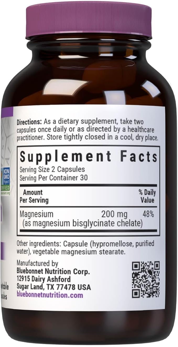 Bluebonnet Nutrition Albion Chelated Magnesium Vegetable Capsule, 200 mg, Stress Relief, Vegan, Non GMO, Gluten Free, Soy Free, Milk Free, Kosher, 60 Vegetable Capsule, 1 Month Supply