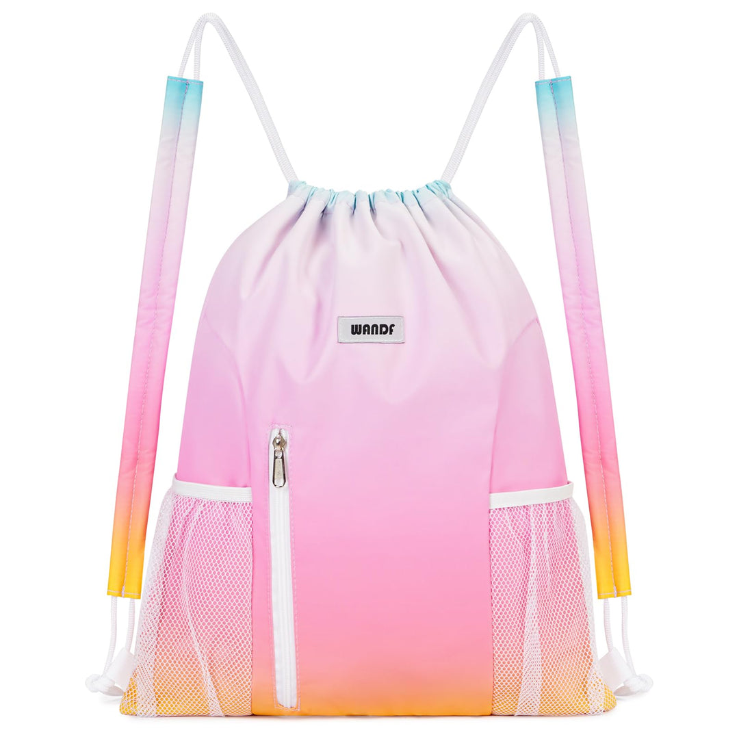 WANDF Drawstring Backpack with Shoulder Pad Sports Gym Backpack with Mesh Pocket String Bag for Women Men((Rainbow)