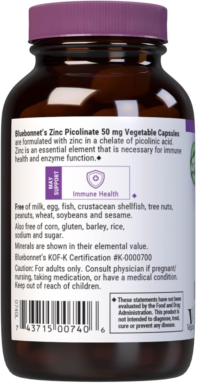 Bluebonnet Nutrition Zinc Picolinate 50 mg Vegetable Capsules, Best for Hormonal & Immune Health, Prostate Health, Skin, Vegan, Non GMO, Gluten Free, Soy Free, Milk Free, Kosher, 100 Vegetable Capsule
