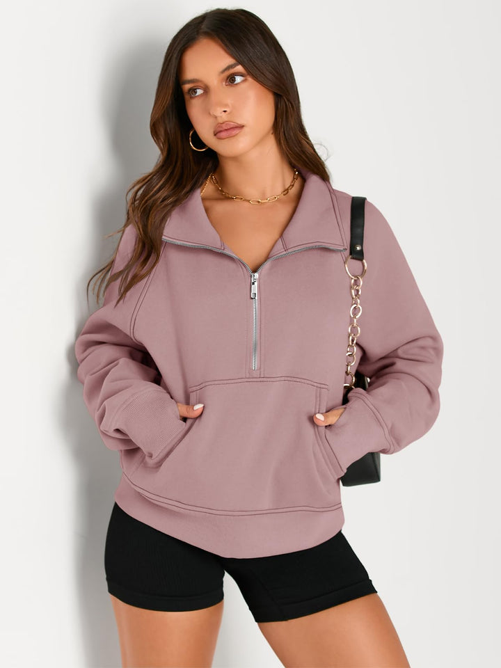 AUTOMET Womens Sweatshirts Half Zip Cropped Pullover Fleece Quarter Zipper Hoodies 2024 Fall Fashion Outfits Clothes Thumb Hole Darkpink