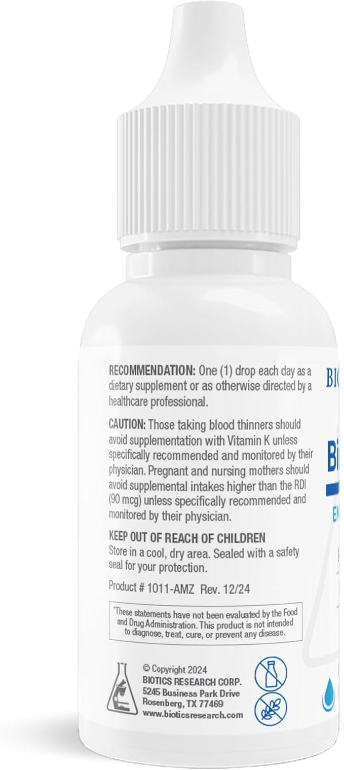 Biotics Research Bio K Mulsion Liquid Vitamin K Drops - 500 mcg/S - Vitamin K1 phytonadione for Adults - VIT K Supplement - Strong Bones, Heart Health, Blood Clotting Support, 1 fl oz