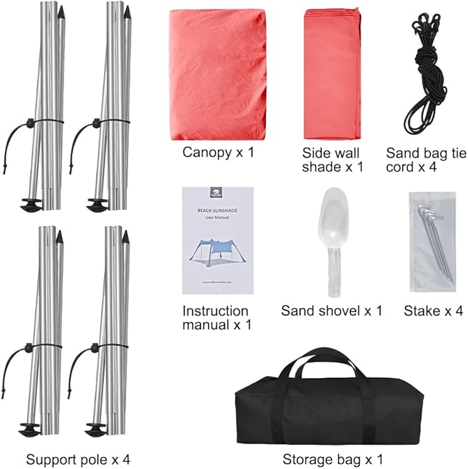 Beach Canopy Tent Shade with Sidewalls 10x10FT, 6.6FT Tall, UPF50+ Sun Shelter, Windproof & Water Resistant, Includes Guylines Sand Shovel Stability Poles, Easy Up for Beach Outdoor Camping Backyard