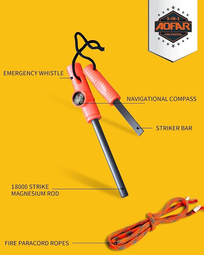 AOFAR Military Compass and Fire Starter AF-4580/381 Lensatic Sighting, Survival Kit,Waterproof and Shakeproof Measure Distance Calculator and Pouch for Camping, Hiking, Hunting, Backpacking