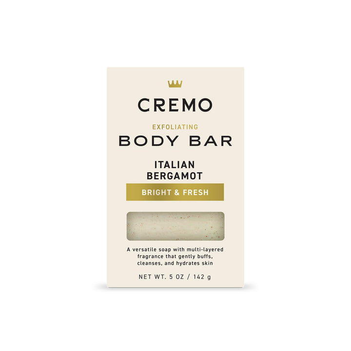 Cremo Exfoliating Body Bar for Men, Italian Bergamot Scent, Multi-Layered Fragrance That Buffs, Cleanses and Hydrates Skin, 5oz