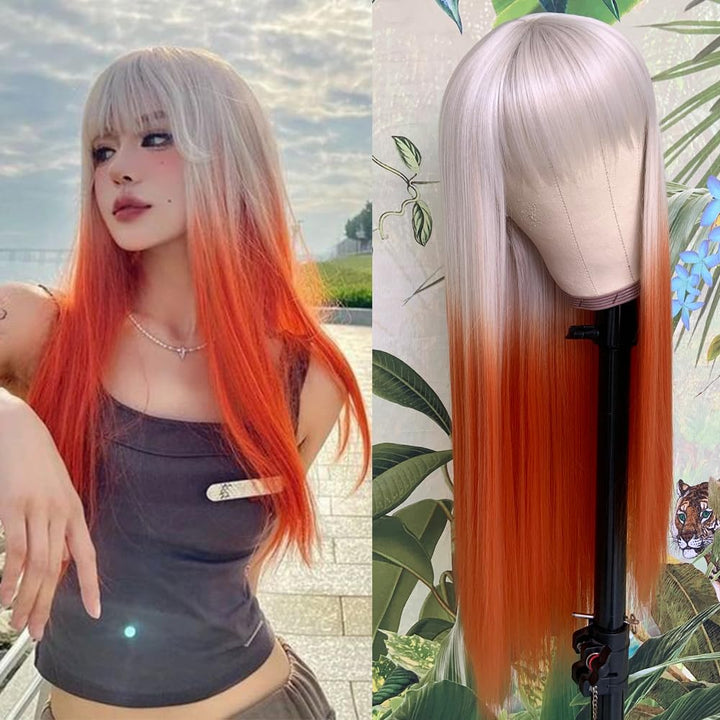 QD-Tizer Long Straight Orange Synthetic Wigs with Bangs Heat Resistant Fiber Glueless Synthetic No Lace Wigs for Fashion Women White Hair Party/cosplay Wigs