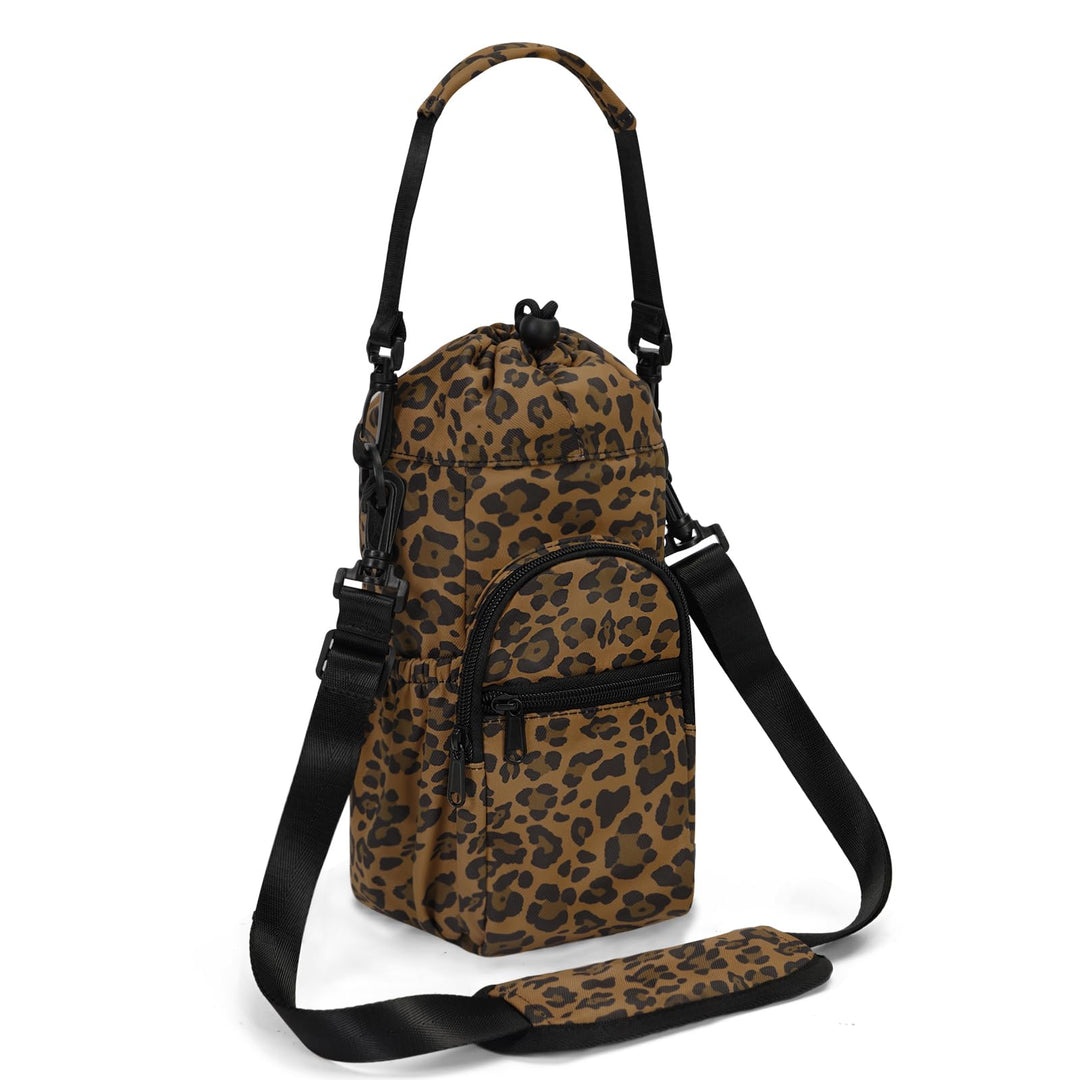 sportsnew Water Bottle Holder with Strap 32oz 40oz Insulated Water Bottle Carrier Sling Bag with Phone Pocket Water Bottle Sleeve for Walking Hiking, Brown Leopard, Patent Pending