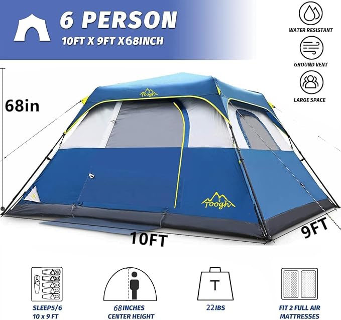 3/4 Person/6 Person Camping Tent Fast Cabin Tent with Instant Setup Tent, Weatherproof Tent Easy Quick Set Up & Pop Up in 60 Seconds with Rainfly Backpack for Family Camping,Upgraded Ventilation