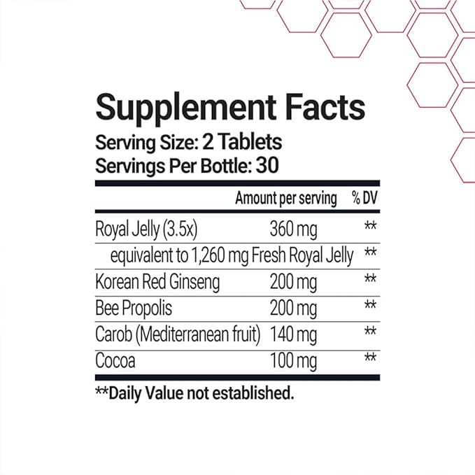 Bee and You Royal Jelly with Ginseng Tablet, Propolis Extract, 60ct, 100% Natural Superfood, Ultra Pure, Immune Support Supplement, Antioxidants, Keto, Paleo, Gluten-Free