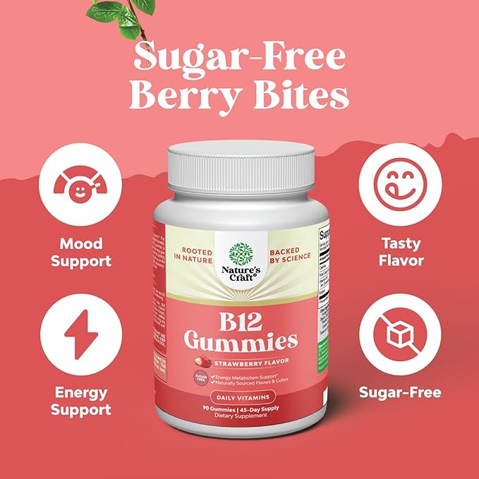Vitamin B12 Gummies for Adults - Sugar Free Vitamin B12 1000 mcg Chewable Gums for Energy & Mood Support, Immune & Nerves Health - Kosher Non-GMO & Gluten Free Supplement for Women & Men - 90 Count