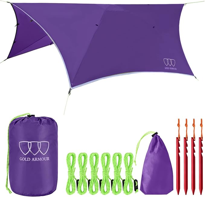 Gold Armour Rainfly Tarp for Hammock and for Tent, Camping Essentials Rain Fly Cover, Waterproof Lightweight Camping Accessories, Survival Camping Gear Camping Tent Accessories (Purple)