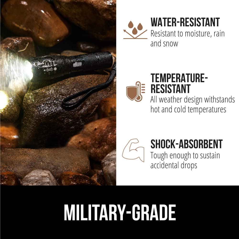 Gorilla Grip Powerful LED 750 FT Water Resistant 5 Adjustable Mode Tactical Flashlight, High Lumens Ultra Bright Battery Life Zoom Flashlights, Small Camping Car Mini Flash Light Accessories, Black