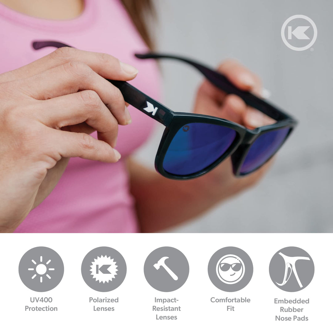 Knockaround Premiums Sport - Polarized Running Sunglasses for Women & Men - Impact Resistant Lenses & Full UV400 Protection, Jelly Black Frame/Blue Moonshine Lenses