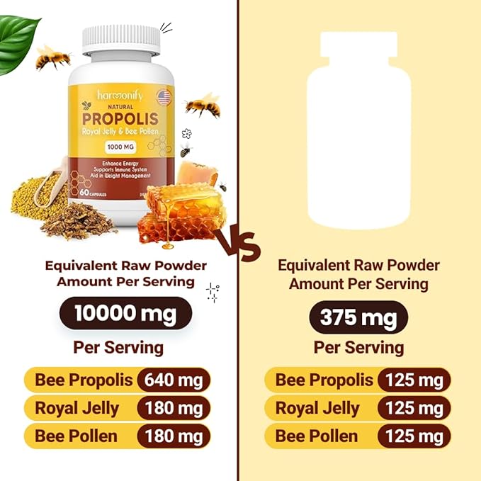Bee Pollen Propolis Royal Jelly Extract with Carob, Pure Immune Support Supplement, Gluten-Free, Vegetarian Capsules, 1000 mg