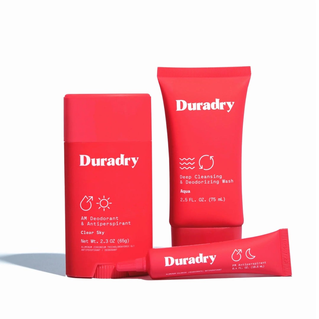 Duradry 3-Step System - Formulated to fight Excessive Underarm Sweating, Hyperhidrosis, Block Sweat & Odor - Antiperspirant Deodorant Stick, Sweat Minimizing Gel, Deodorizing Body Wash - Clear Sky