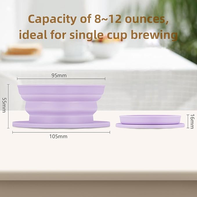 2 Pieces Collapsible Paperless Travel Pour Over Coffee Dripper Kit, Single Cup Travel Pour Over Coffee Maker Camping, Portable Silicone PourOver Coffee Filter Reusable (Purple+Green)
