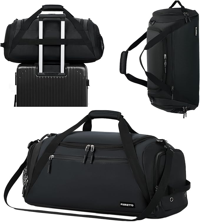 FIORETTO 43L Mens Sports Gym Bag with Wet Pocket & Shoe Compartment, Travel Duffle Bag Overnight Bag with Padded Shoulder Strap, Holdall for Swimming, Basketball, Football Black
