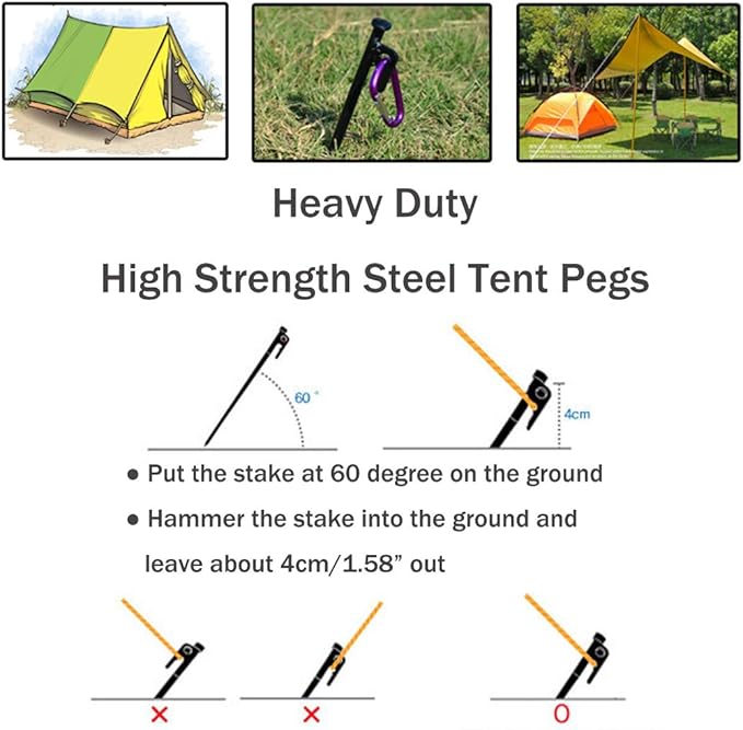 4 Pack Tent Stakes Heavy Duty Metal Tent Pegs for Camping Steel Tent Stakes 16 inch Unbreakable and Inflexible