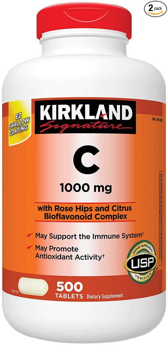 Kirkland Signature Vitamin C 1000mg, with Rose Hips 500 Tabs each (pack of 2)