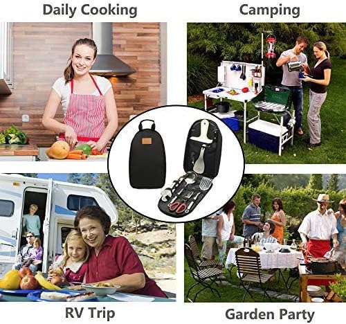 Camp Kitchen Utensil Organizer Travel Set Portable BBQ Camping Cookware Stainless Steel Utensils Travel Kit Outdoor Equipment Cutting Board Tongs Scissors Knife Ladle Spatula