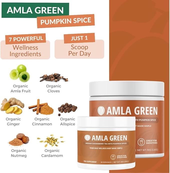 Amla Powder, Green Tea Superfood Supplement with Pumpkin Spice & Hibiscus & Elderberry, Organic, Vegan, 30 Servings