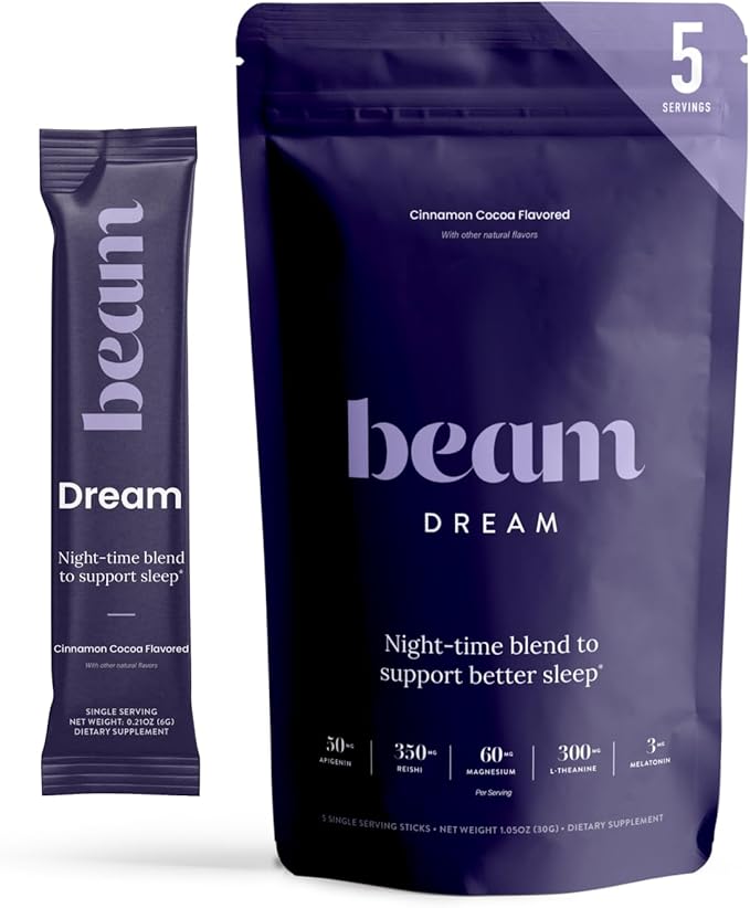 Beam Dream Sleep Powder, Sleep Aid, Sleep Aids for Adults, Contains Magnesium, Melatonin, L Theanine, Apigenin, Natural Sleep Supplement, Vegan, Non GMO, 3rd Party Tested, 5 Servings, Cinnamon Cocoa