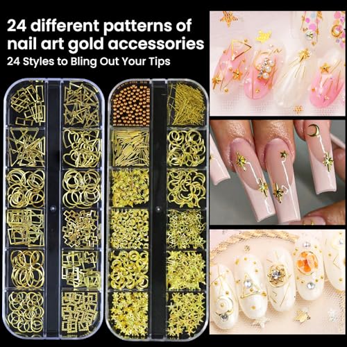 6 Boxs of Nail Charms Rhinestones Kit with 30 Sheets of Nail Art Gold Stickers Gold Sliver Nail Beads Pearls Gems with 1 Heart Nail Embossed Molds, 1 Tweezers and 1 Wax Pen for Nail Supplies