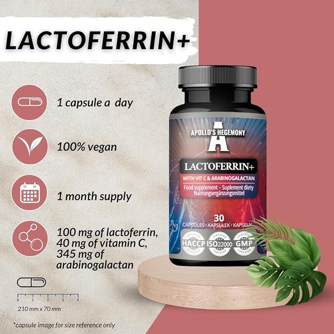 APOLLO'S HEGEMONY Lactoferrin+ 100 mg - with Vitamin C and Arabinogalactan - 30 Vegan Capsules - 1 Month Supply - for Enhanced Immunity and Iron Absorption