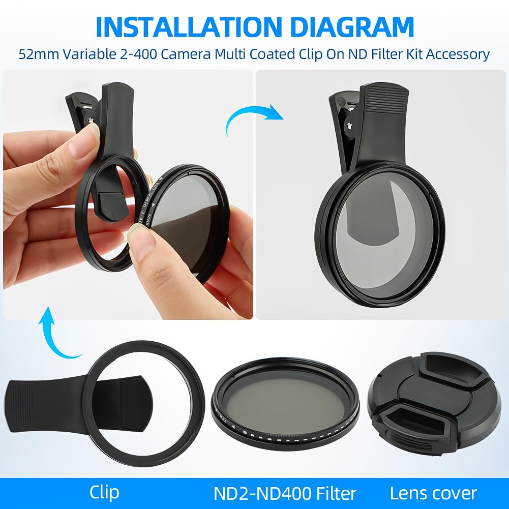 52mm Variable ND2-ND400 Filter, Clip-on Phone Lens ND Kit, Universal Adjustable Neutral Density Compatible With iPhone/Samsung/Android Smartphones (Size: 52mm)