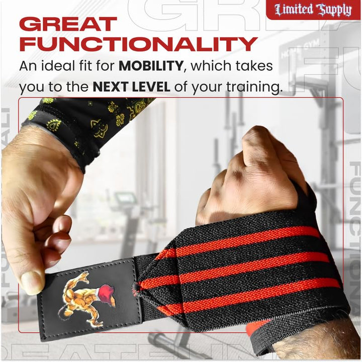 CROWN Anime Wrist Wraps Lifting Straps 24" for Men and Women - 1 Pair Each, Gym Accessories Support Weightlifting, Powerlifting, Strength Training, and Improve Workout, Black Redbki