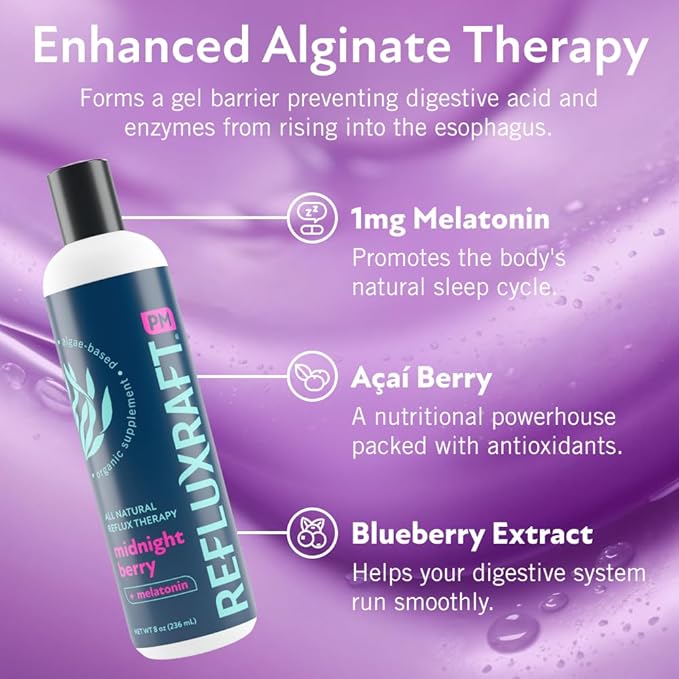 Acid Reflux Therapy PM, Organic Alginate & Melatonin, Rapid & Lasting Gerd, LPR & Digestion Symptom Support, Zero Sugar, Gluten Free, Midnight Berry, 47 Gel Servings Per 8 OZ Bottle, 2 Pack