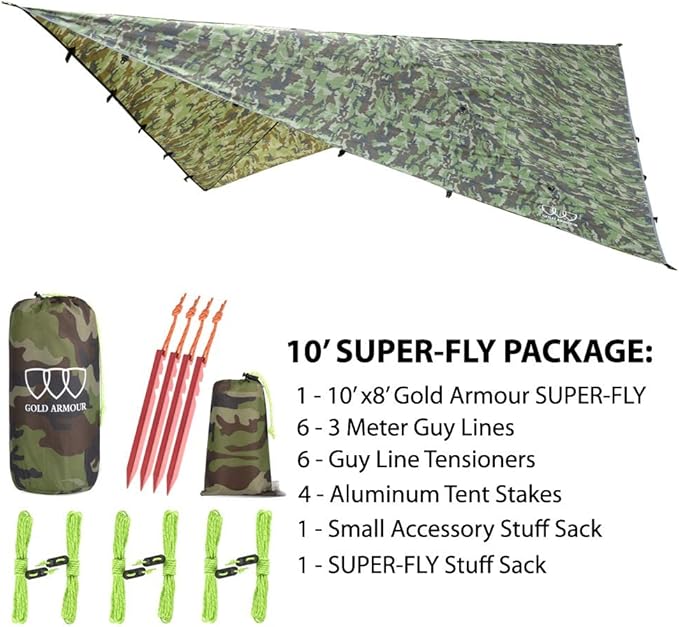 Gold Armour Rainfly Tarp Hammock, Premium 14.7ft/12ft/10ft/8ft Rain Fly Cover, Waterproof Ultralight Camping Shelter Canopy, Survival Equipment Gear Camping Tent Accessories (Camouflage 10ft x 8ft)