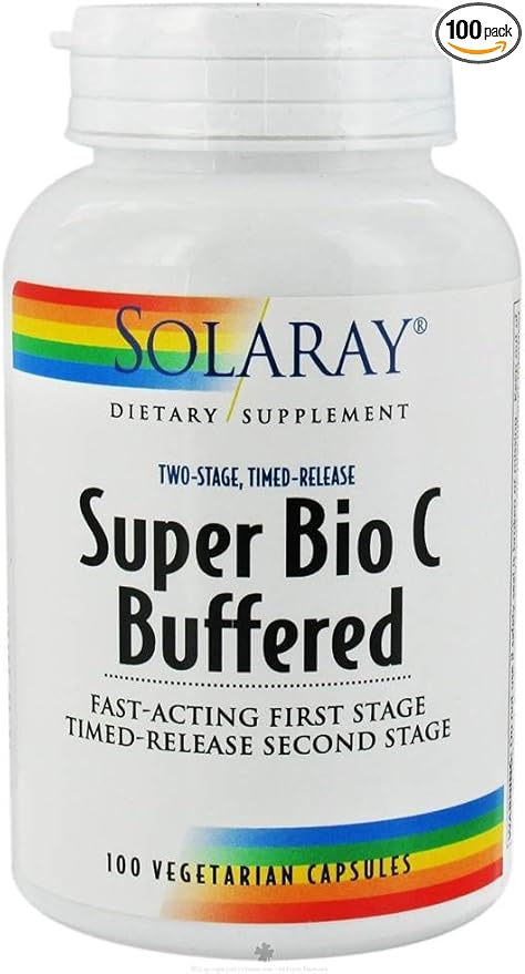 SOLARAY Super Bio Vitamin C 1000mg, Buffered, Time Release Capsules with Bioflavonoids, Two-Stage for High Absorption & All Day Immune Support, Vegan, 60 Day Guarantee, 50 Servings, 100 VegCaps