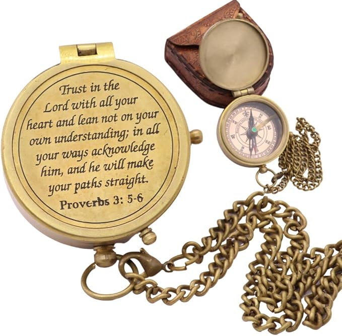 Trust in The Lord, Proverbs 3: 5-6, Solid Brass Directional Engraved Compass, Baptism Gifts for Boys Girls, First Communion, Christian Gifts for Men, First Confirmation Gifts for Boys Catholic Gifts