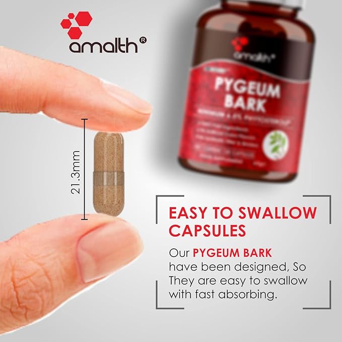 Amalth Pygeum Bark Extract Powder Higher Potency (6.5% phytosterols) Supports Urinary Tract & Prostate Health Men Herbal Supplements 120 Capsules (Non –GMO)