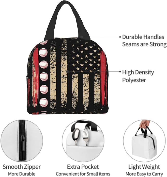 Imiss Baseball Lunch Bag Outdoor Sports American Flag Insulated Lunch Box Container Reusable Cooler Lunch Tote for Boys Men School Work Office Travel