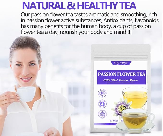 60 Premium Passion Flower Tea Bags, Made with 100% Natural Passionflower Leaves,Te De Pasiflora, Support Better Sleep & Relaxation, No Additives & Caffeine Free.