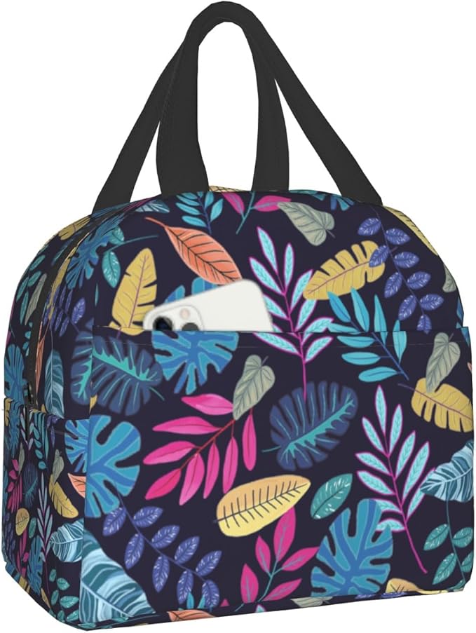 Imiss Blue Tropical Leaves Insulated Lunch Bag for Woman Man Adults， Hawaii Hawaiian Plants Reusable Cooler Lightweight Lunch Cooler Bag with Front Pocket for Picnic Work Office