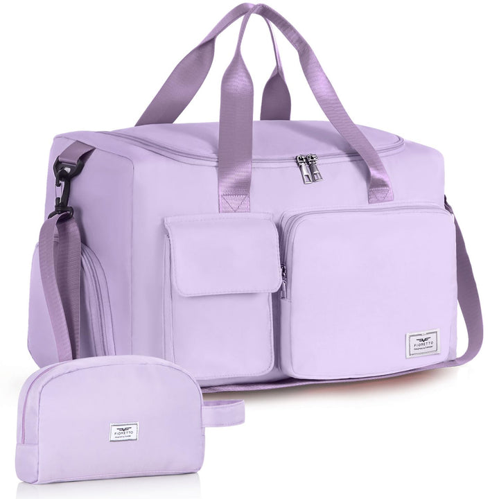 FIORETTO Women's Water-Resistant Gym Duffle Bag with Shoes Compartment, 37L Capacity, Multi-Functional, Ideal for Travel, Gym, Sports, Weekender, with Toiletry Bag, Light Purple